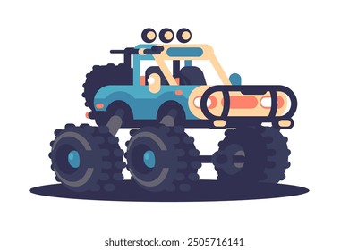 Camión todoterreno con ruedas gigantes. Ilustración vectorial de un potente vehículo todoterreno en acción.