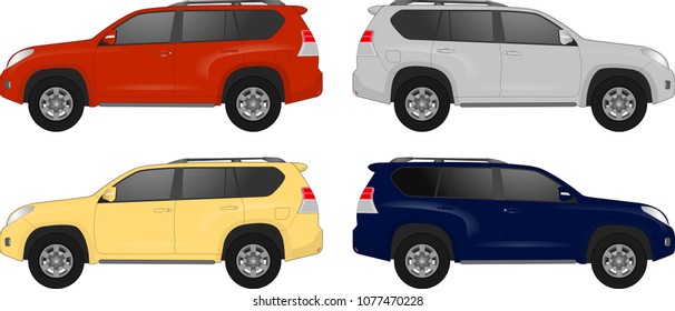 Offroad truck template. Vector isolated car on white. All layers and groups well organized for easy editing and recolor. View from side. Vector illustration. Realistic SUV car model template for web
