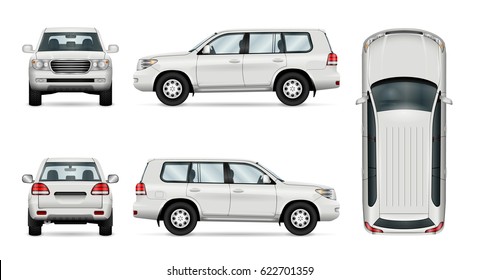 Offroad truck template. Vector isolated car on white. All layers and groups well organized for easy editing and recolor. View from side, front, back, top.