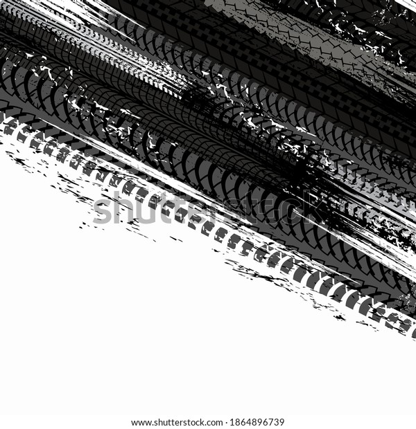 Offroad tyre print and grunge spot vector\
background, black dirty tire trace for automobile service, off road\
race competition design. Rally, motocross dirty tire pattern,\
grungy vehicle trail\
texture