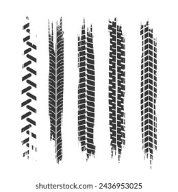 Offroad Tyre Prints And Grunge Wheel Treads or Spots. Vector Black Dirty Automobile Tire Traces. Grungy Vehicle Trails