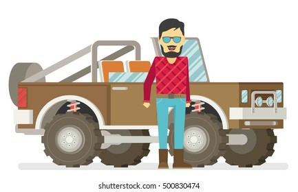 Off-road vehicle with driver isolated on white background.