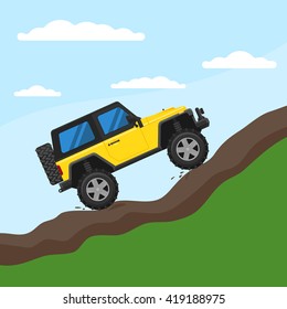 Off-road vehicle drives on a mountain against the sky. Extreme Sports - 4x4 Utility Vehicle SUV. Vector Illustration flat style for web design banner or print