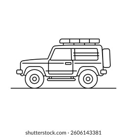 Symbol für Geländefahrzeuge. SUV. Schwarze Kontur lineare Silhouette. Bearbeitbare Striche. Seitenansicht. Vektorgrafik mit einfacher flacher Grafik. Isoliertes Objekt auf weißem Hintergrund. Isolieren.