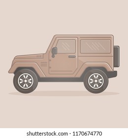 Off-road vehicle isolated on natural color background. Extreme Sports 4x4 Sports Utility Vehicle SUV. Vector Illustration flat style, travel adventure safari car, flat icon symbol, side view.