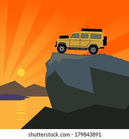 Off-road vehicle mountain adventure background, vector illustration