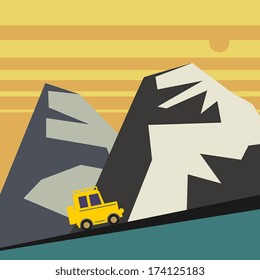 Off-road vehicle and mountains landscape, vector illustration