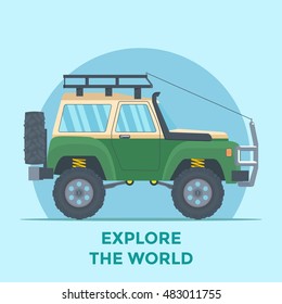 Offroad Vehicle with mud tire and roof rack. Vector illustration