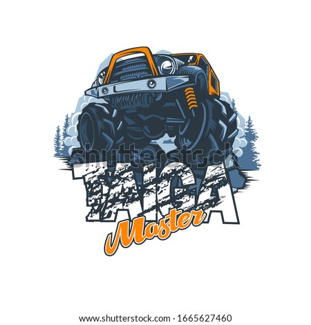 Off-road vehicle with name Master of the Taiga in impassable forests, logo in vector.