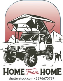 Off-road vehicle print design carrying a camping tent.