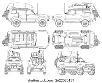 Off-road vehicle is shown in different views, with the top of the car having a surfboard on top. The car is a large SUV with lot of space for passengers and cargo. The car is designed for off-road use