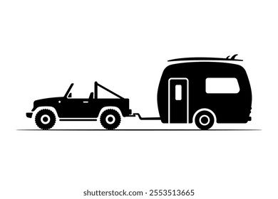 Off-road vehicle with trailer icon. Camper, surfboard. Black silhouette. Side view. Vector simple flat graphic illustration. Isolated object on white background. Isolate.