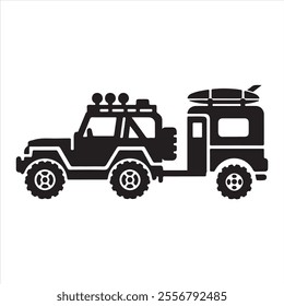 Off-road vehicle with trailer icon silhouette on white background
