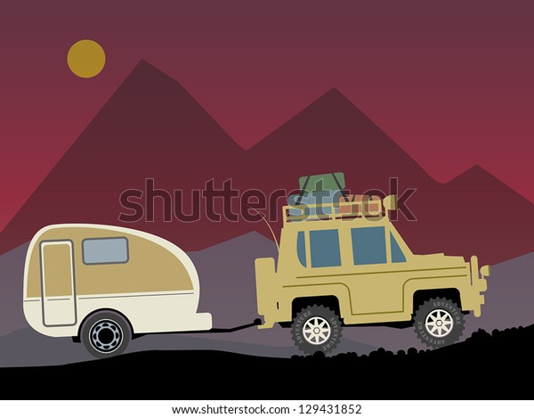 Off-road\
vehicle with trailer, vector\
illustration