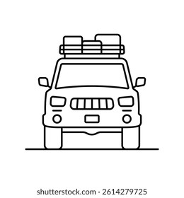 Veículo todo-o-terreno com ícone de tronco. Suv. Silhueta linear com contorno preto. Traçados editáveis. Vista frontal. Ilustração gráfica plana simples vetorial. Objeto isolado no plano de fundo branco. Isolar.