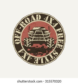 Off-road vehicle with very big wheels. Round badge in a grunge style (with splashes of mud).