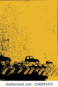 Offroad vertical poster. Extreme off-road adventure background with space for text and information. Grunge style. Vector illustration in black, yellow color useful for advert, print, and flayer design