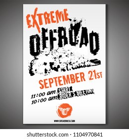 Off-Road vertical poster with grunge lettering and a car image in a cloud of dust. Unique tire track headline. Editable graphic template in orange, white and black colors. Vector illustration.