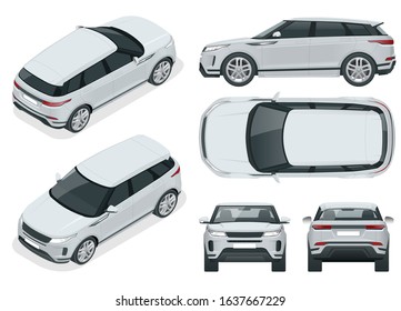 Off-road write car Modern VIP transport. Compact crossover, SUV, 5-door station wagon car. Offroad truck template vector isolated car on white View front, rear, side, top and isometry front, back
