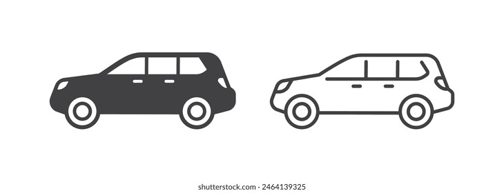 Off-roader car icons in line and solid styles, flat vector pictograms. Black and white designs perfect for showcasing strength and outdoor capabilities.