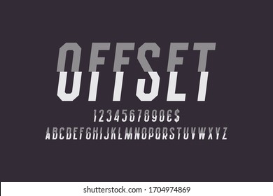 Offset artistic display font. Gray white letters, numbers and currency signs cut in half. Isolated english alphabet. Vector oblique lettering.