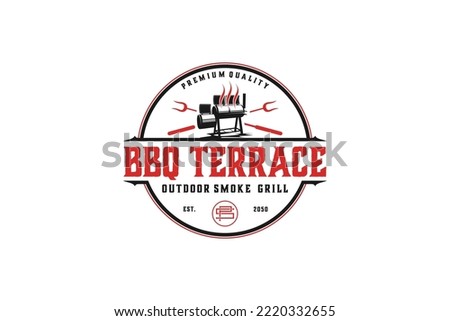 Offset Barrel smoker bbq grill logo design, drum smoker silhouette barbecue fork utensil bbq tool restaurant