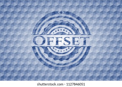 Offset blue badge with geometric background.