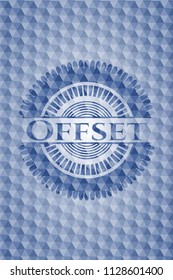 Offset blue badge with geometric background.