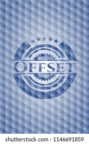 Offset blue emblem or badge with geometric pattern background.