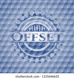 Offset blue emblem with geometric background.