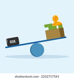 offset by a heavy burden of risk that results in a box of rich prize money dollars. High return risk investment, investor's risk appetite in securities and investment assets for high reward concept.