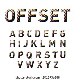 Offset Display Alphabet Letters Set with Dots and Yellow Halftone. Isolated English Alphabet Font Collection on White Background for Title or Headline Design