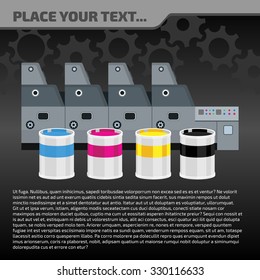 Offset machine. Color paint for print. Cyan, magenta, yellow, black colors. Press equipment. Vector printing design with gears. Info graphics elements. Label details.