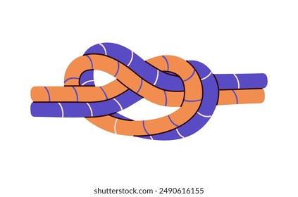 Offset overhand knot tutorial. Technique of marine bond for climbing. Braided belaying cords in bundle closeup. Instruction of cordage node. Flat isolated vector illustration on white background