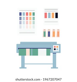 Equipo de impresión compensada para la producción de polígrafía, ilustración vectorial plana aislada en fondo blanco. Conjunto de iconos de las instalaciones industriales de impresión.