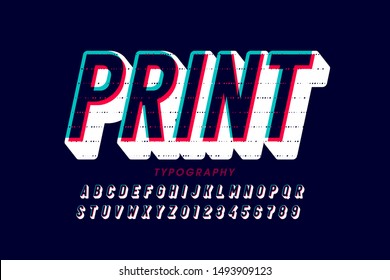 Offset print style font design, alphabet letters and numbers, vector illustration