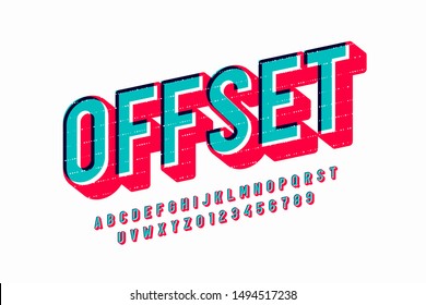 Offset print style font design, alphabet letters and numbers, vector illustration