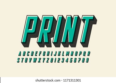 Offset print style modern font design, alphabet letters and numbers vector illustration