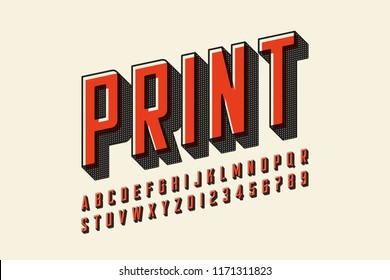 Offset print style modern font design, alphabet letters and numbers vector illustration