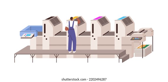 Offset printer machine work. Polygraphy equipment for publishing newspapers copies in industrial ink printing house, typography company. Flat graphic vector illustration isolated on white background