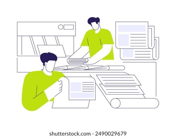 Offset printing abstract concept vector illustration. Group of workers deals with commercial magazines and newspaper manufacturing, offset printing, typography sector abstract metaphor.