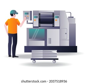 Offset printing machine operator in flat illustration