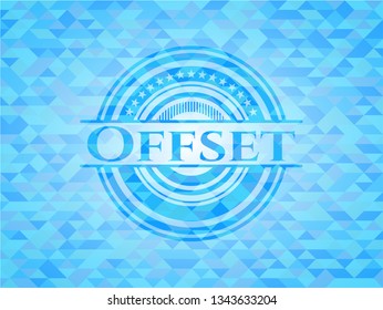 Offset realistic sky blue emblem. Mosaic background