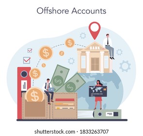 Concepto de cuenta offshore. Los empresarios profesionales ayudan con los servicios financieros a los no residentes. Refugio fiscal, negocios en el extranjero. Ilustración vectorial aislada