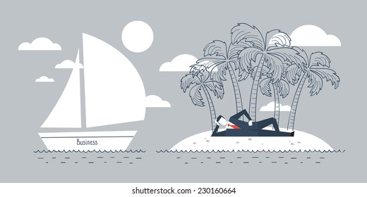 Offshore Business, Manager Man, Easy Work, Workplace Conditions, Island With Palms, Vector Illustration