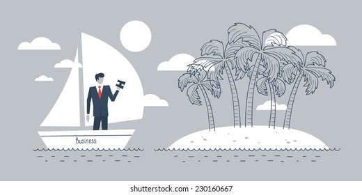 Offshore Business, Manager Man, Easy Work, Workplace Conditions, Island With Palms, Vector Illustration