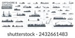 Offshore and coastal vessels icon set. Offshore and coastal ships silhouette on white. Vector illustration