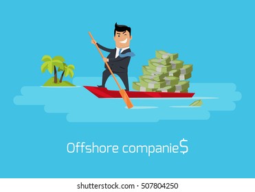 Offshore companies concept vector. Flat design. Financial crime, tax evasion, money laundering, political corruption illustration. Man in business suit, in mask sailing on boat with money to tropics.