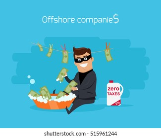 Offshore companies concept vector. Flat design. Financial crime, tax evasion, money laundering, political corruption illustration. Man in a business suit, in mask washes the money in bowl with water.