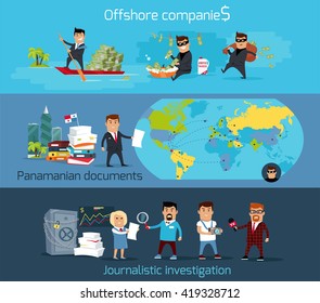 Offshore companies, panamanian documents, jornalistic inestigation. Panama papers folder document.  Tax haven offshore company business people owners. Taxes are levied at low rate. Vector illustration